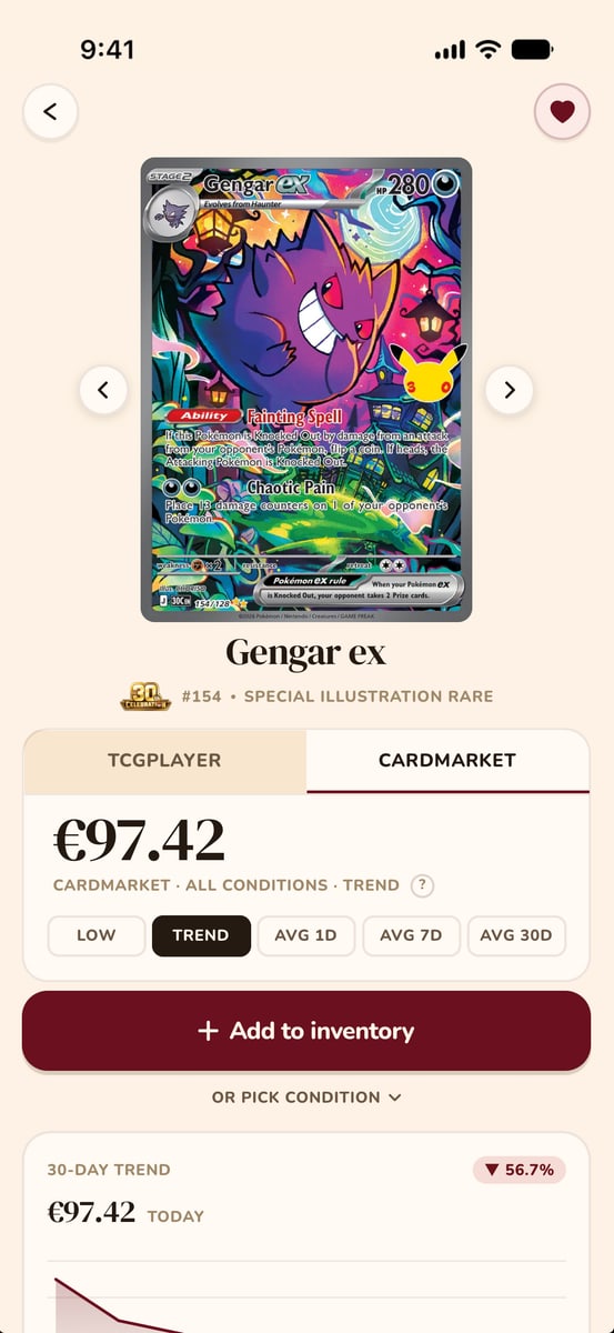Snaptory showing a Gengar ex card with its market price and a 30-day trend