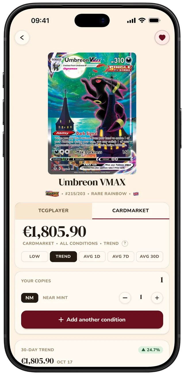 Snaptory showing an Umbreon VMAX card with its Cardmarket price of 1,805.90 euros